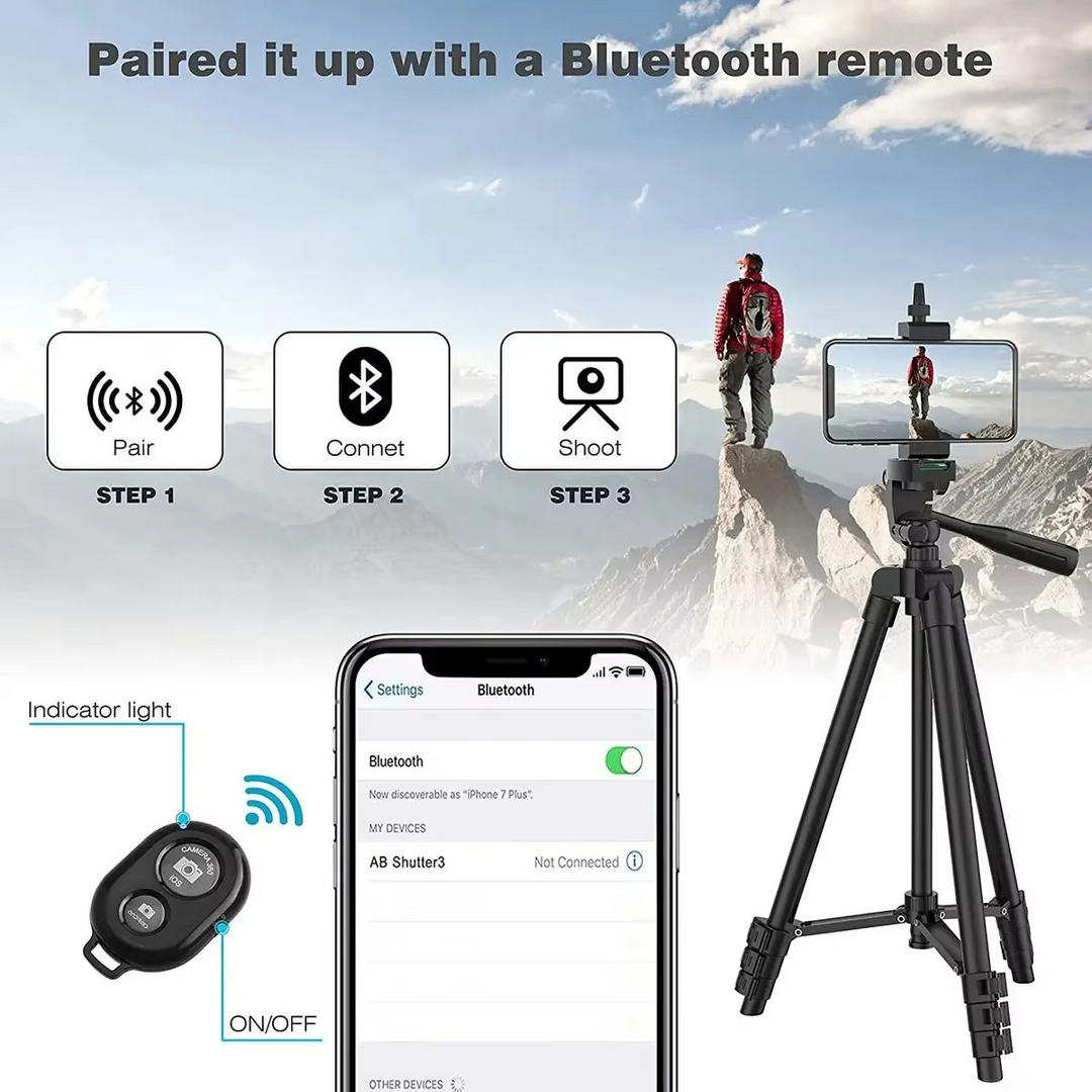 Bluetooth remote camera stand for phones & DSLRs, ideal for stable photography, videography & selfies.