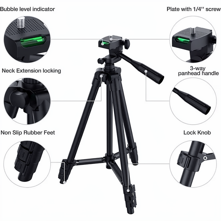 Compact travel tripod with Bluetooth remote for phones & DSLRs, making vlogging & photography easy on-the-go.
