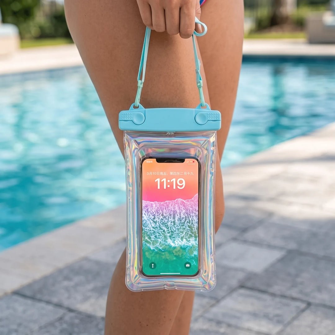 Universal waterproof clear phone pouch for beach, pool, and swimming. Keeps smartphone dry & protected.