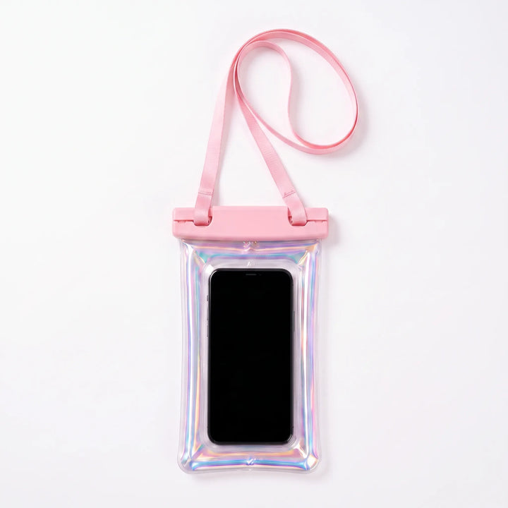 Floating waterproof phone case with neck strap, perfect for pool, beach, travel, and water sports.