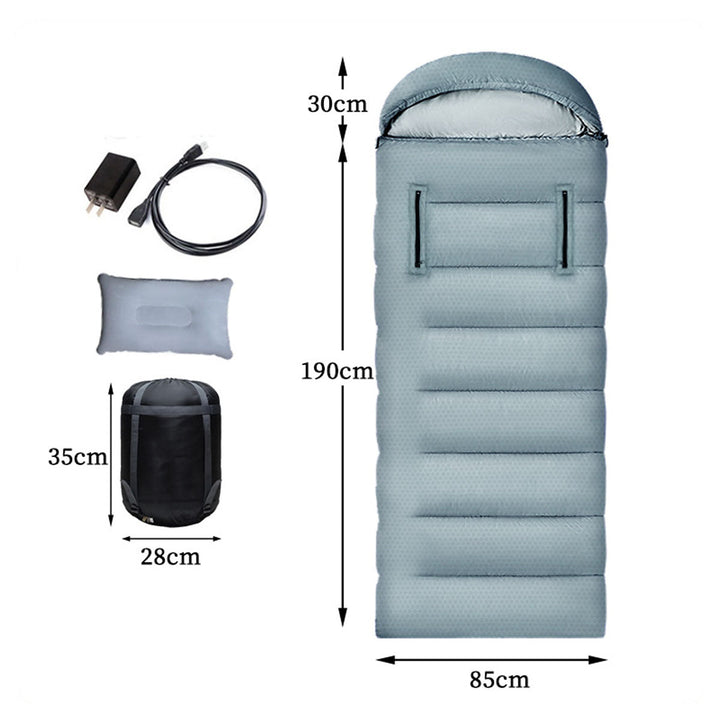 Heated sleeping bag with a power bank connected, illustrating the USB heating functionality.