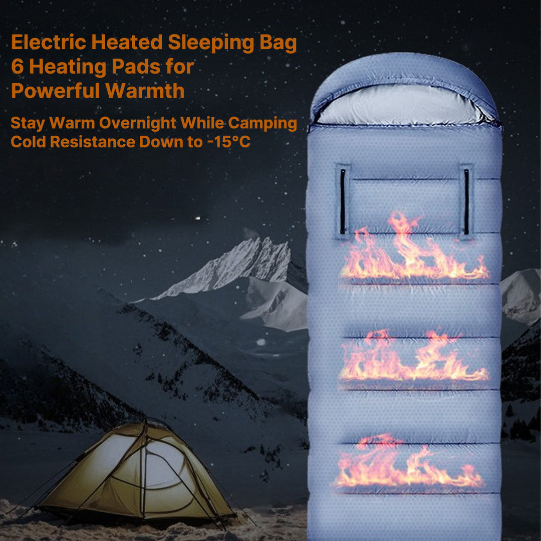 Winter camping gear setup featuring a USB heated sleeping bag and other cold weather essentials.