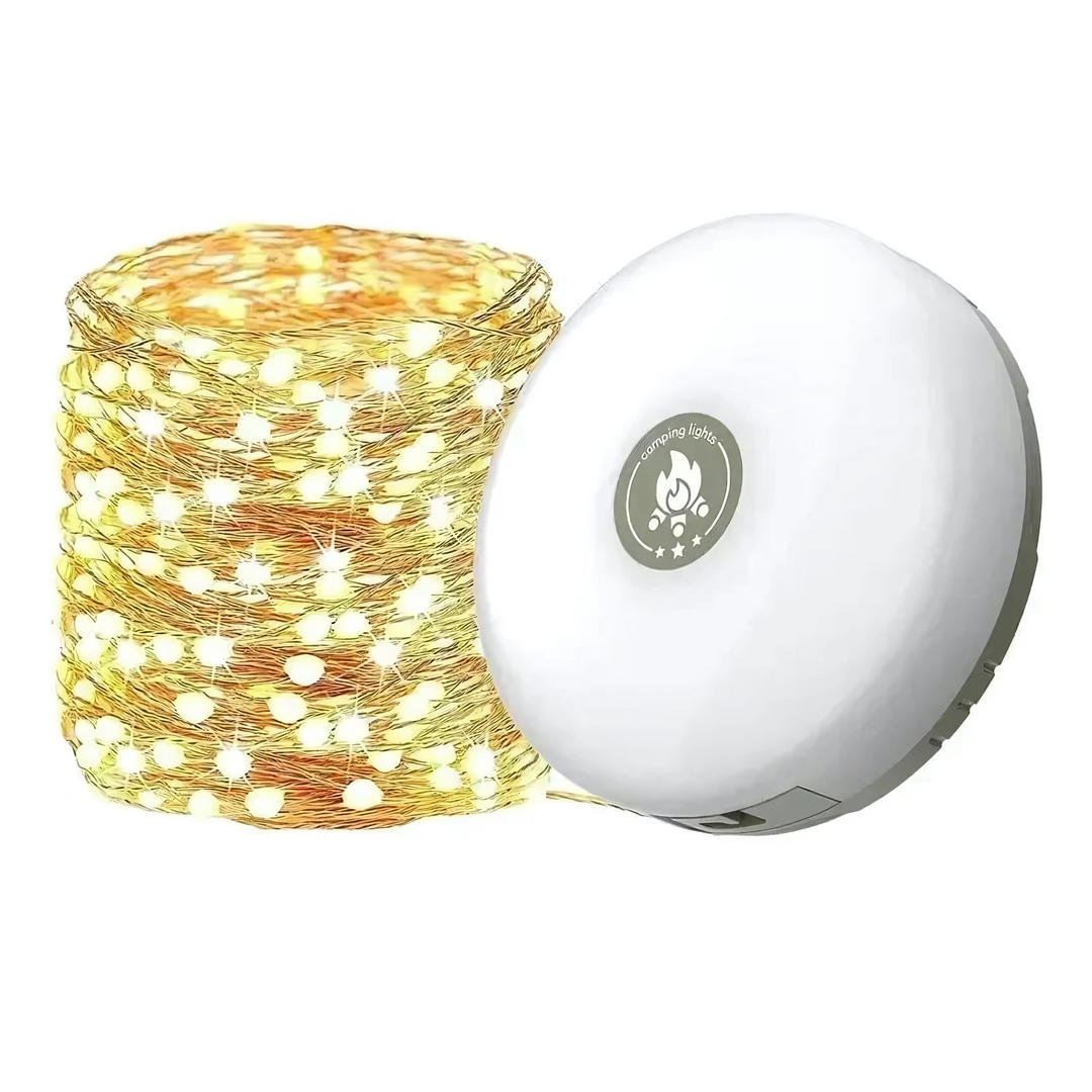 USB rechargeable camping string lights, 60 LEDs, warm white, perfect for outdoor adventures & tent lighting