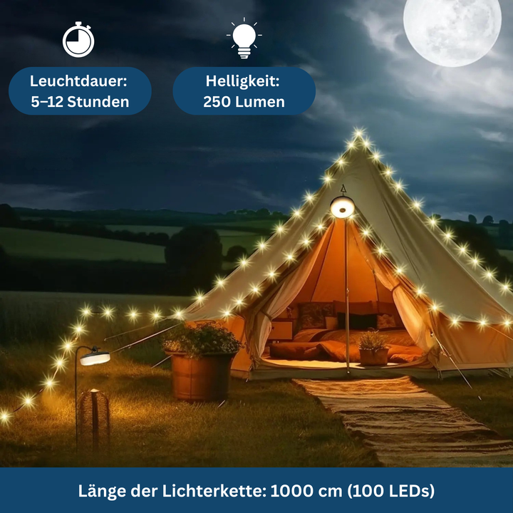 Bright string lights, USB rechargeable, showcasing warm glow, versatile for camping, outdoor decor, spotlight