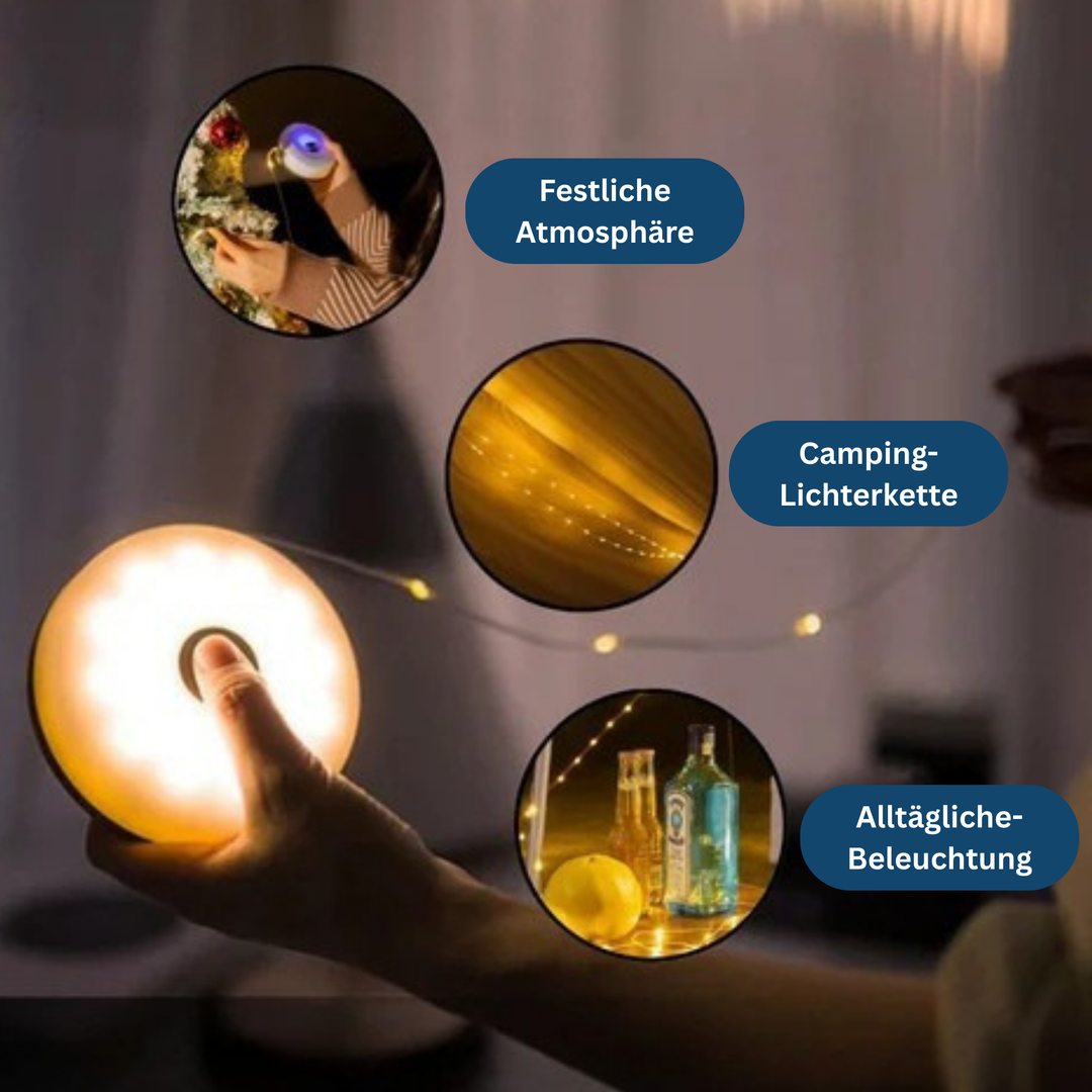 USB rechargeable camping string lights illuminating a tent interior, creating cozy and bright ambiance