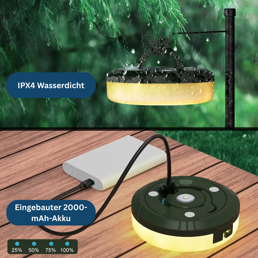 Close-up of USB rechargeable camping string lights, highlighting LED bulbs & portable design for outdoor use