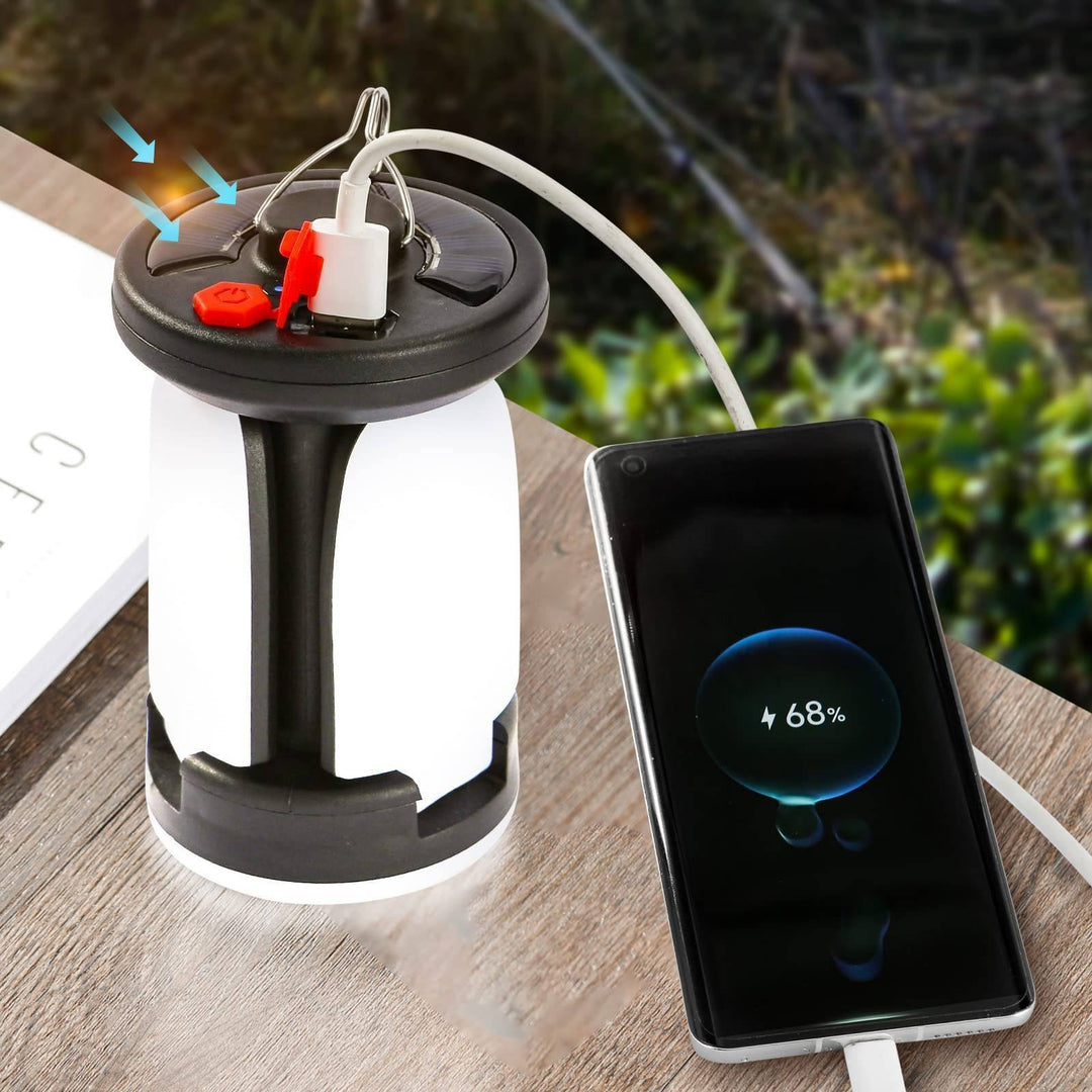 Bright LED camping light, solar-powered and USB rechargeable for outdoor adventures