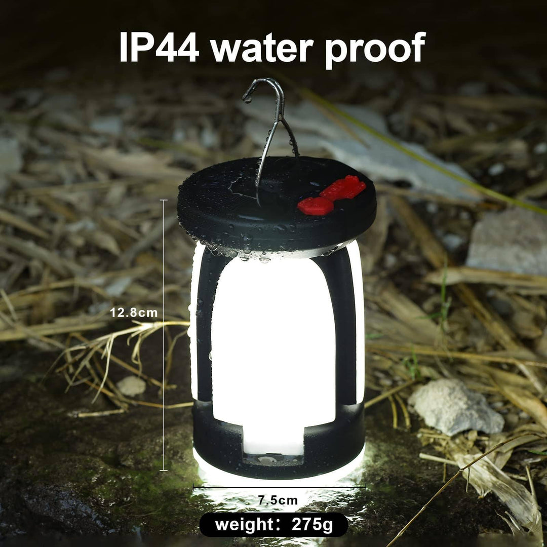 Compact solar camping light, rechargeable LED with comfortable carry handle