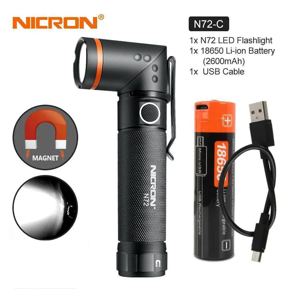 High-power LED flashlight with an articulating head and magnetic base, essential outdoor and emergency tool