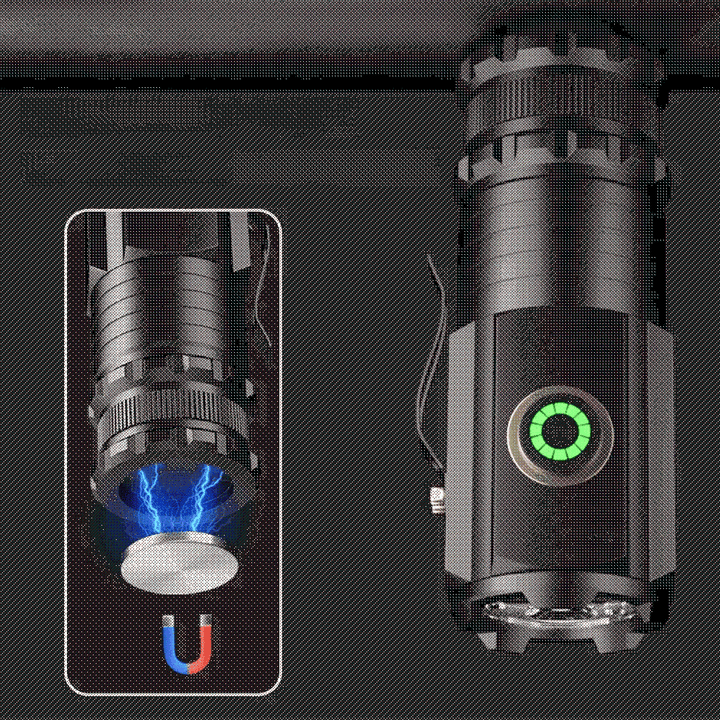 Bright LED flashlight, USB rechargeable, showing magnetic base attached to a metal surface, survival gear