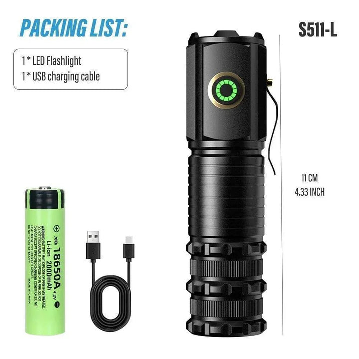 Portable USB rechargeable LED flashlight, perfect for hiking and emergency lighting, black finish