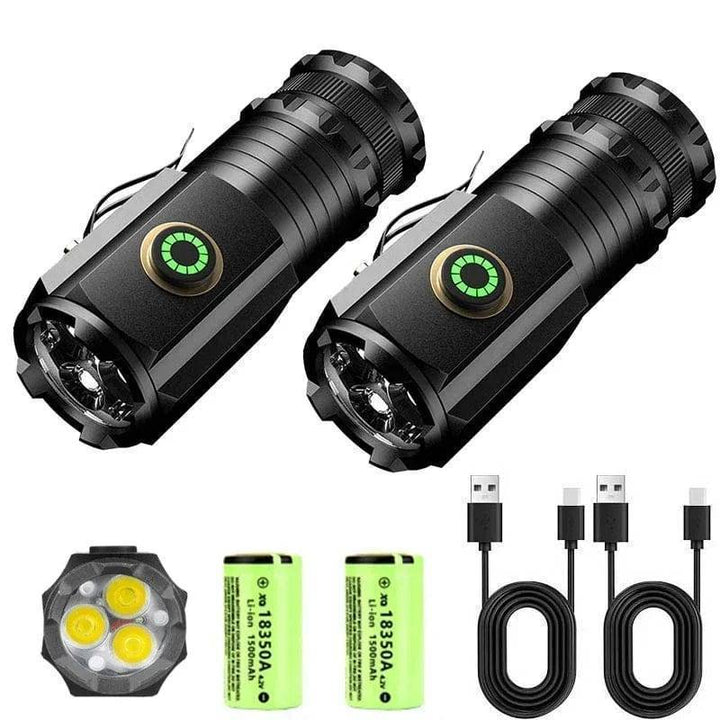 Compact USB rechargeable LED flashlight, magnetic, highlighting its use as a versatile camping gear light