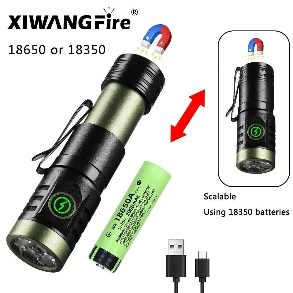 LED flashlight with magnetic base, illuminating a dark tent interior, perfect camping and hiking essential