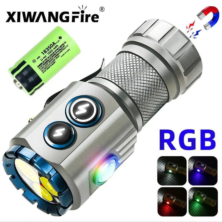 Durable USB rechargeable LED flashlight with magnetic end cap, shown in an outdoor setting, emergency light