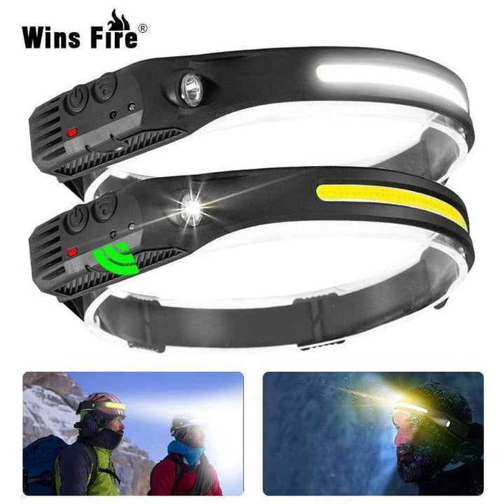USB rechargeable LED sensor headlamp for outdoor camping & hiking, black elastic strap