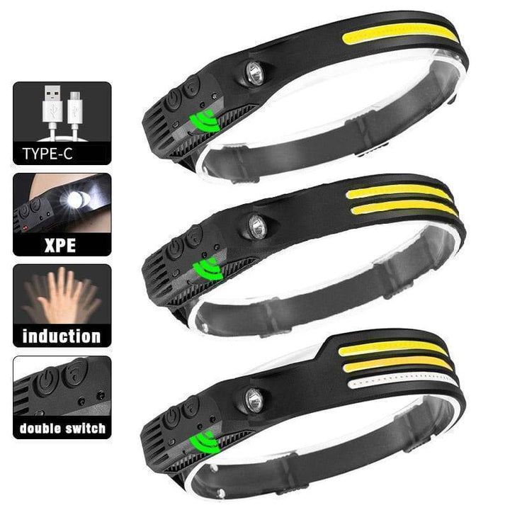 Outdoor LED headlamp with motion sensor, USB rechargeable, ideal for hiking adventures