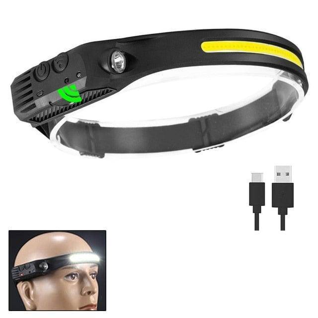 Compact outdoor LED sensor headlamp, USB rechargeable, great for camping trips