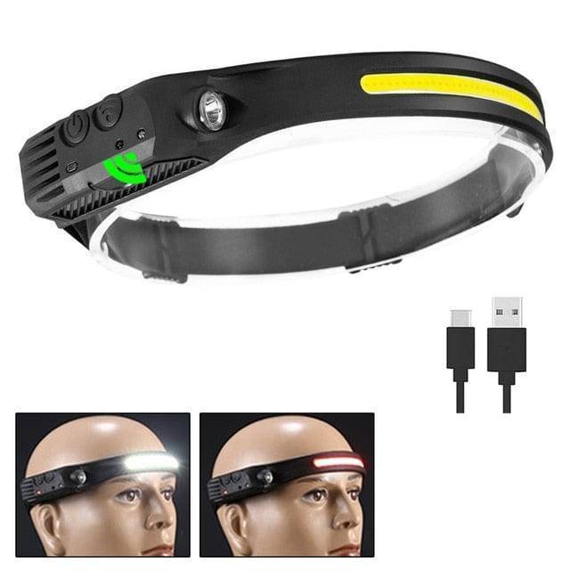 User wearing USB rechargeable LED headlamp during an outdoor evening activity