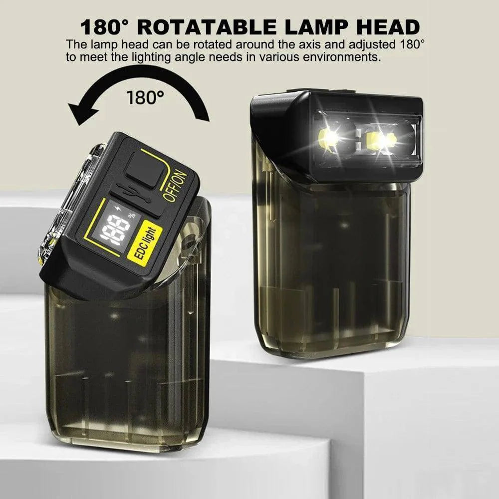 Rechargeable mini LED flashlight, shown illuminating a dark area, essential portable light.