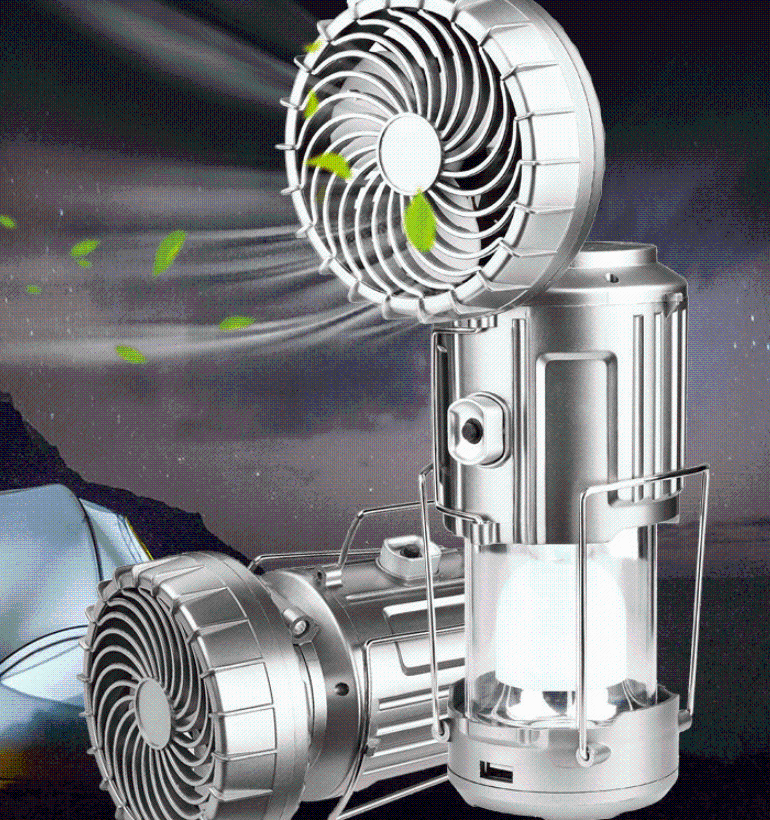 Portable camping fan and LED lantern featuring solar charging, perfect for tents and outdoor adventures.