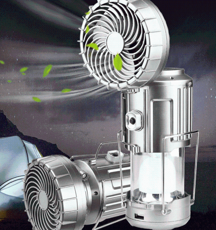 Portable camping fan and LED lantern featuring solar charging, perfect for tents and outdoor adventures.