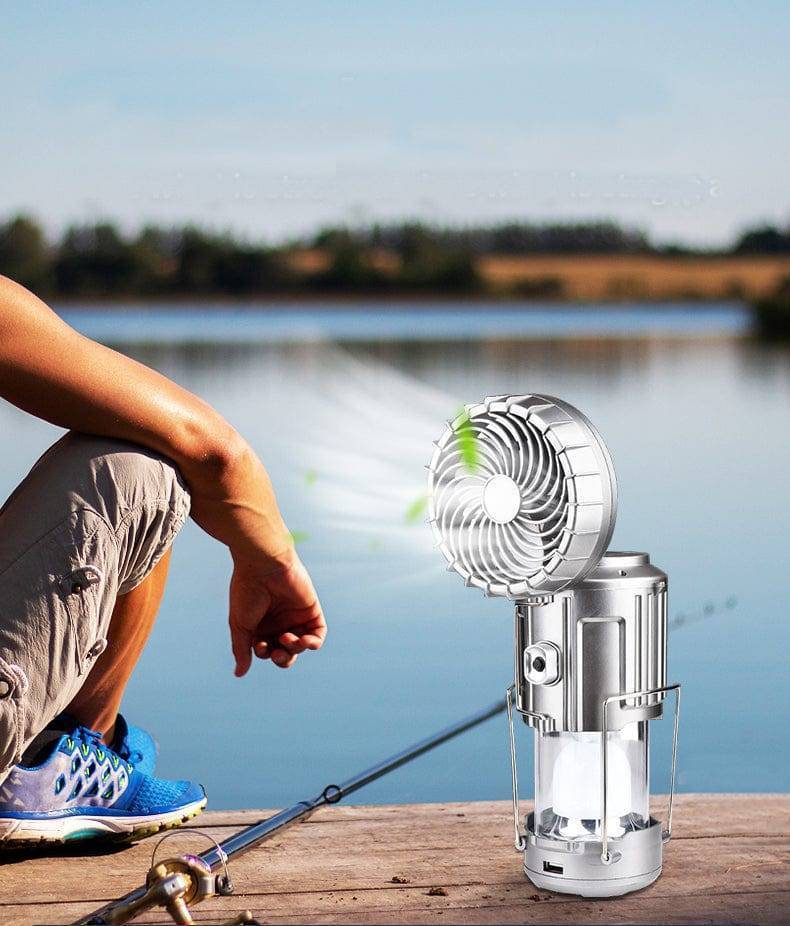 Multifunctional LED camping lantern with a powerful fan, solar charging, and USB for ultimate portability.