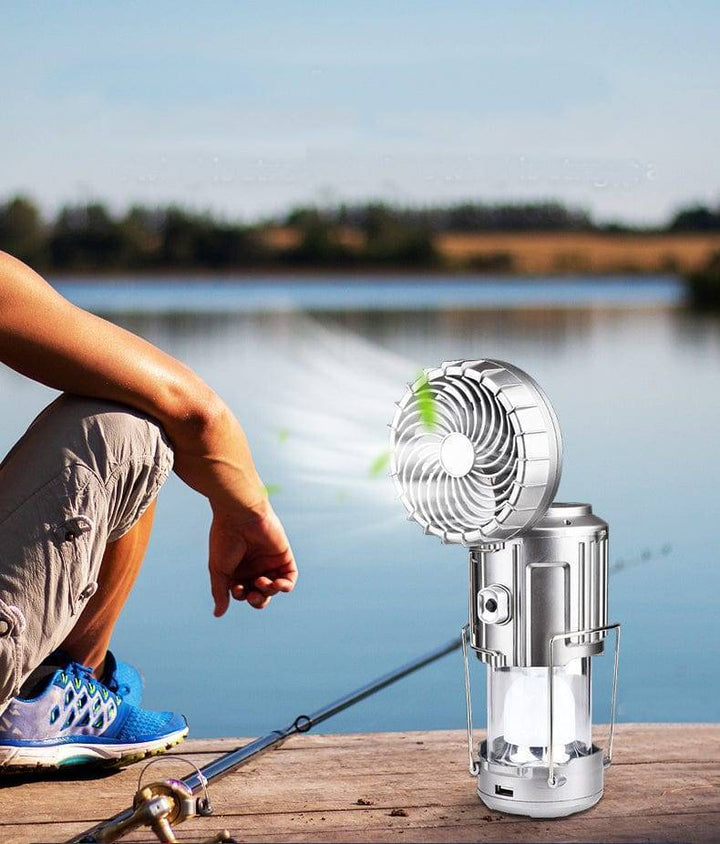 Multifunctional LED camping lantern with a powerful fan, solar charging, and USB for ultimate portability.
