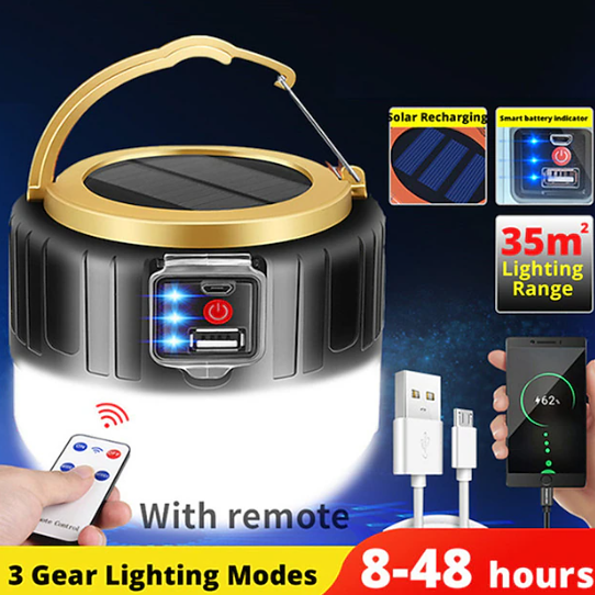 Portable camping tent lantern, USB and solar powered, with remote for outdoor adventures and emergencies