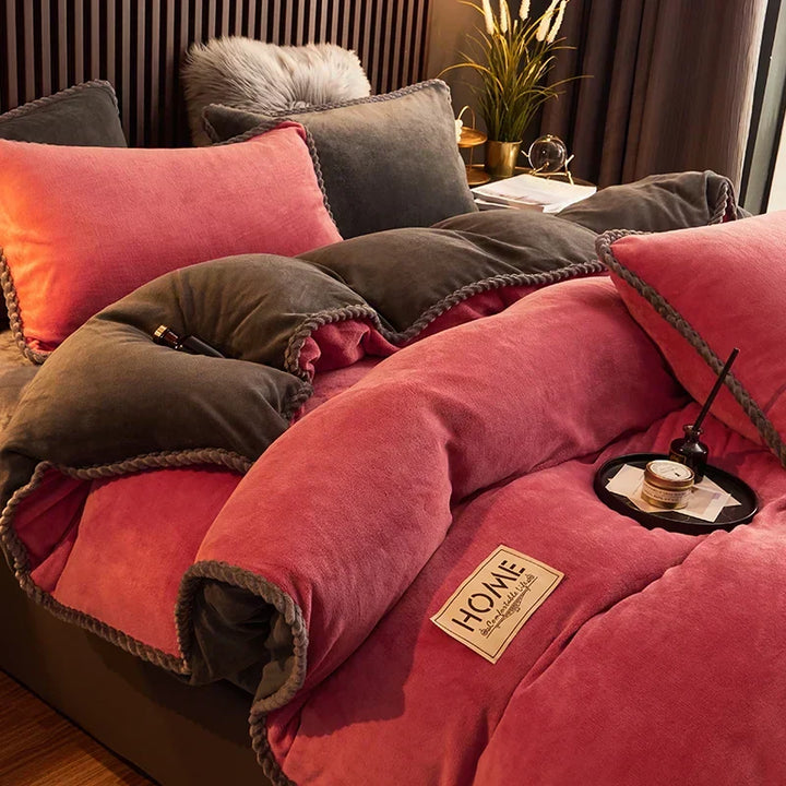 Velvet fleece comforter set for ultimate winter warmth. Soft, cozy bedding adds luxury to any bedroom decor.