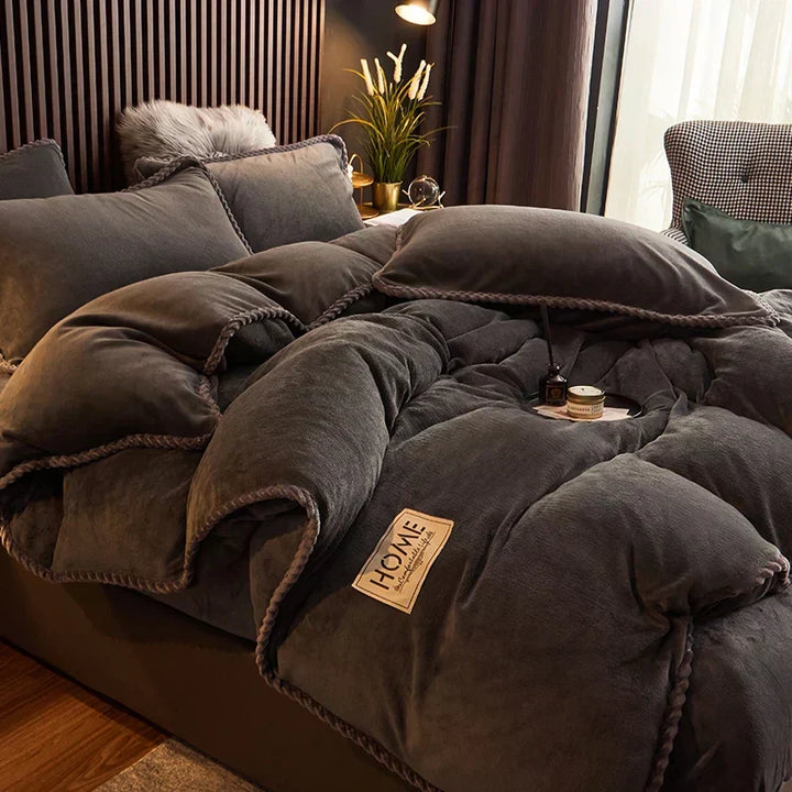 New velvet fleece comforter set, packaged and ready to deliver ultimate winter warmth and luxury bedding to your home.