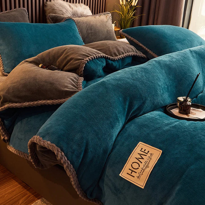 Complete velvet fleece comforter set with matching pillows, providing luxury bedding and cozy winter warmth for your bedroom.