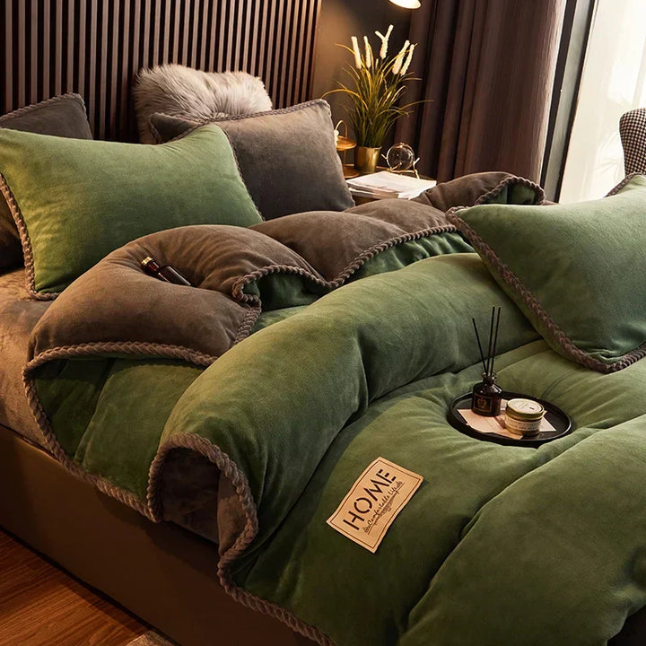 Detailed view of the quality stitching on a velvet fleece comforter set, ensuring durable luxury and thermal insulation.