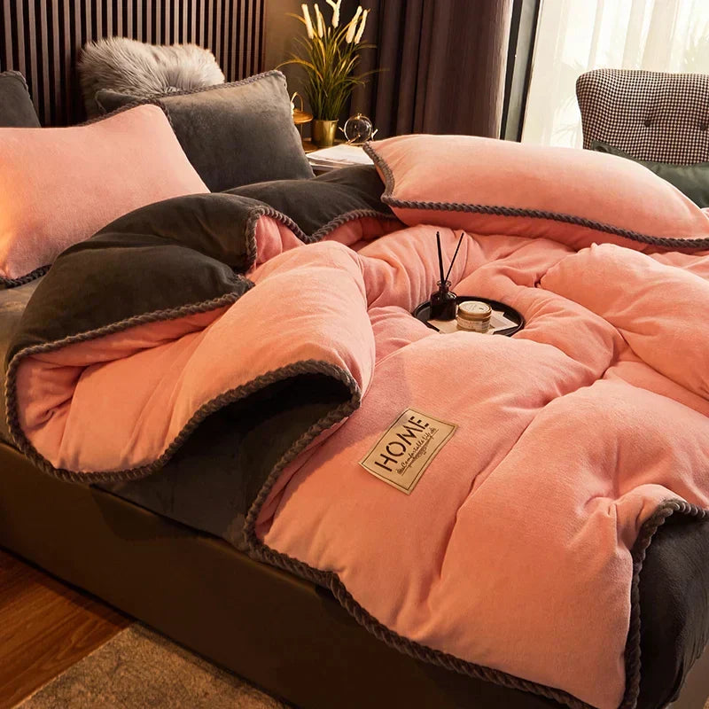 Stylish velvet fleece comforter set in a modern bedroom, enhancing decor with luxury bedding and ultimate warmth.