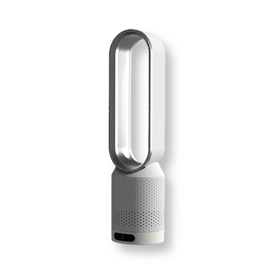 "Ventilatore 3 in 1 senza lama per ambienti, design elegante, purificatore d'aria incorporato per raffreddamento sicuro."