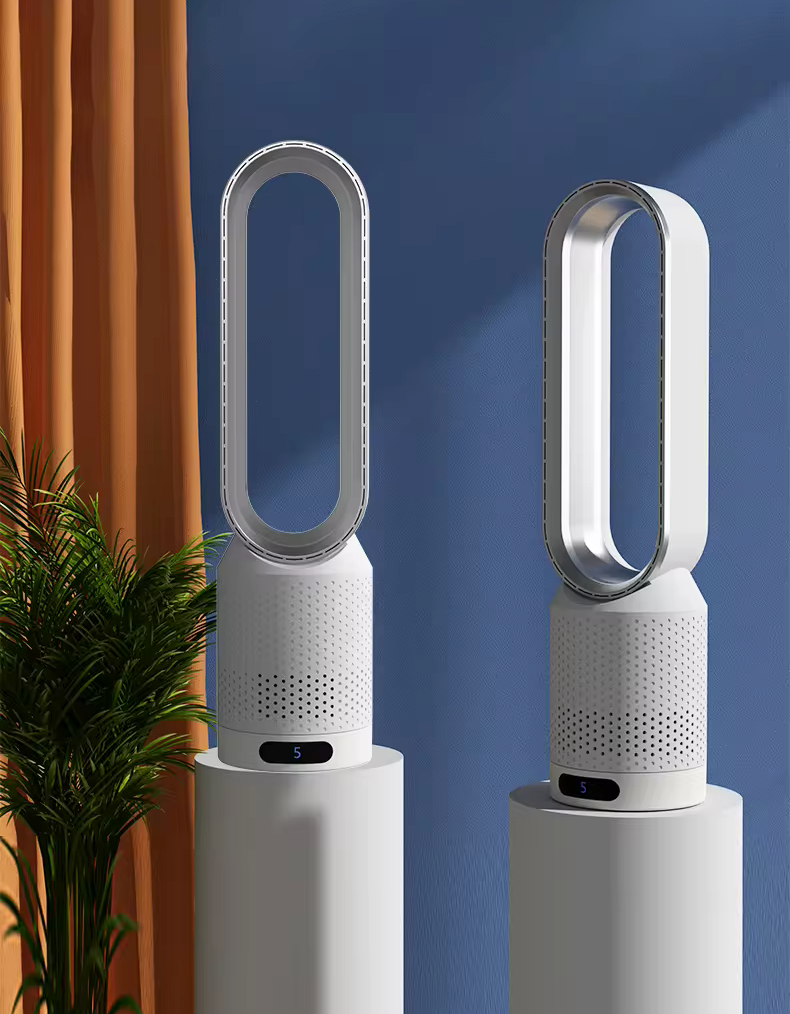 "Ventilatore 3 in 1 senza lama per ambienti, design elegante, purificatore d'aria incorporato per raffreddamento sicuro."