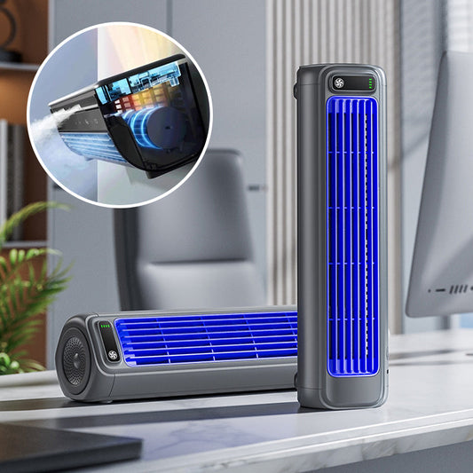 Ventilatore portatile ricaricabile, compatto, adatto per casa e ufficio, montato su tavolo, con design moderno e colori neutr