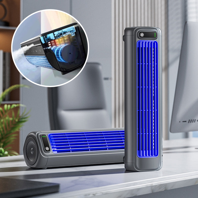 Ventilatore portatile ricaricabile, compatto, adatto per casa e ufficio, montato su tavolo, con design moderno e colori neutr