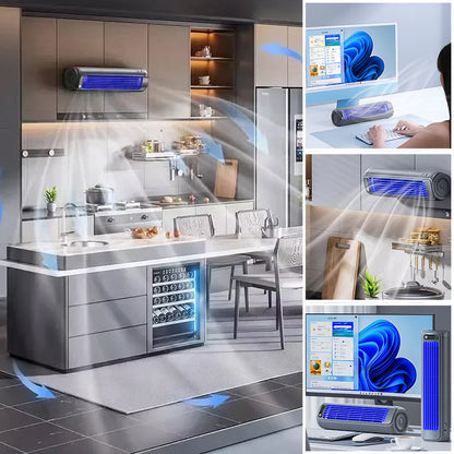 Ventilatore portatile ricaricabile, compatto, adatto per casa e ufficio, montato su tavolo, con design moderno e colori neutr