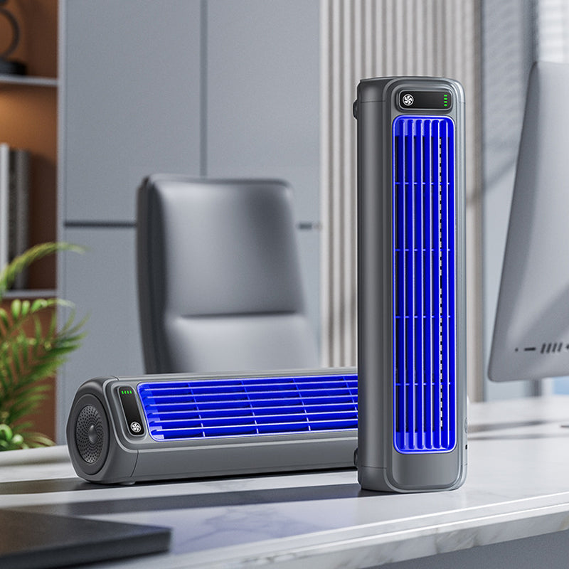 Ventilatore portatile ricaricabile, compatto, adatto per casa e ufficio, montato su tavolo, con design moderno e colori neutr