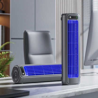 Ventilatore portatile ricaricabile, compatto, adatto per casa e ufficio, montato su tavolo, con design moderno e colori neutr