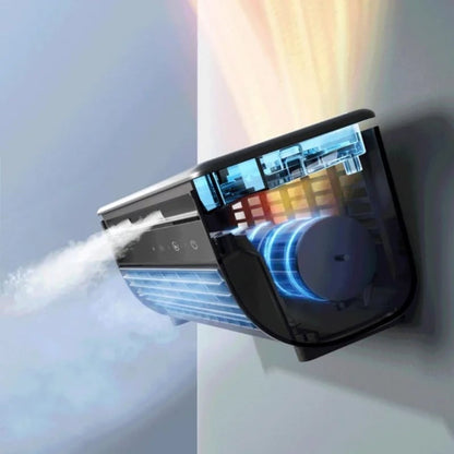Ventilatore portatile ricaricabile, compatto, adatto per casa e ufficio, montato su tavolo, con design moderno e colori neutr