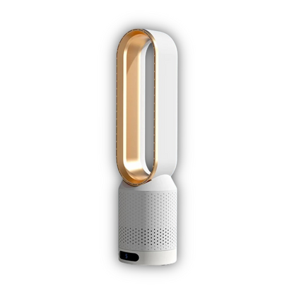 "Ventilatore purificatore e umidificatore 3-in-1, senza pale, oscilla 90°, design elegante, silenzioso, per casa e ufficio."
