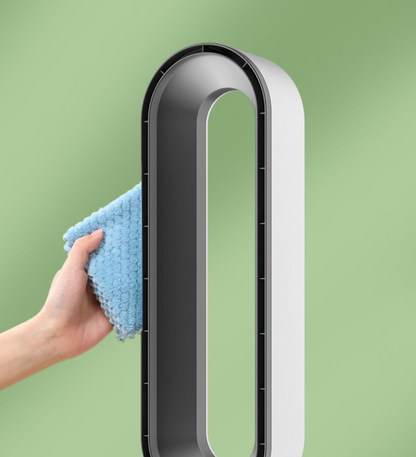 "Ventilatore purificatore e umidificatore 3-in-1, senza pale, oscilla 90°, design elegante, silenzioso, per casa e ufficio."