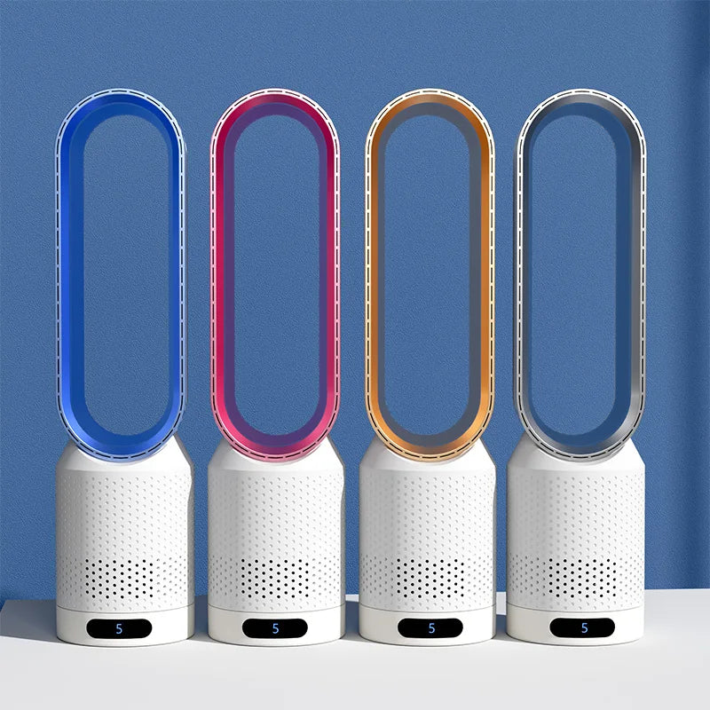 Ventilatore senza pale 3-in-1 multifunzione, design elegante, colori blu, rosa, argento, oro, dimensioni 58x14,5 cm.