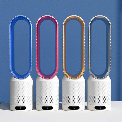 Ventilatore senza pale 3-in-1 multifunzione, design elegante, colori blu, rosa, argento, oro, dimensioni 58x14,5 cm.