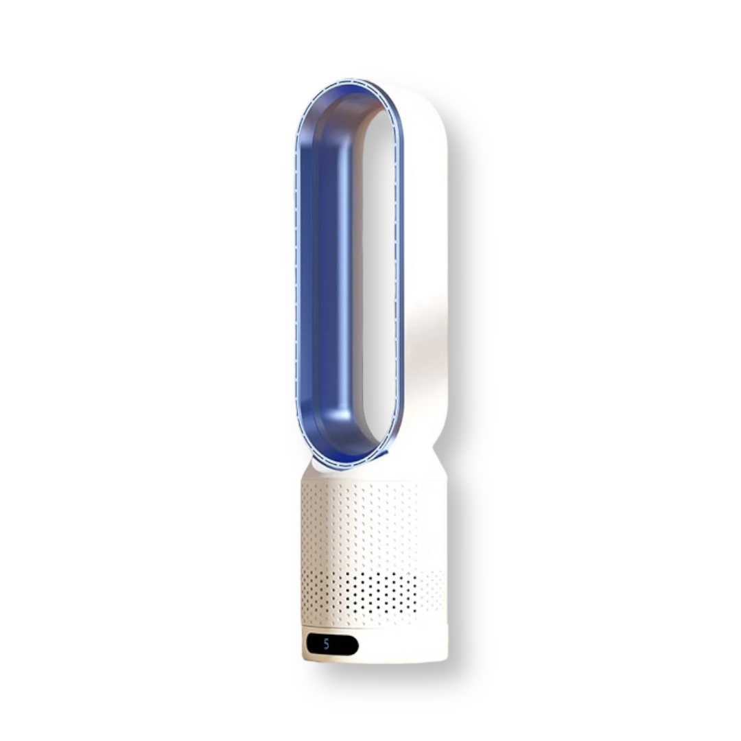Ventilatore senza pale 3-in-1 multifunzione, design elegante, colori blu, rosa, argento, oro, dimensioni 58x14,5 cm.