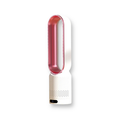 Ventilatore senza pale 3-in-1 multifunzione, design elegante, colori blu, rosa, argento, oro, dimensioni 58x14,5 cm.