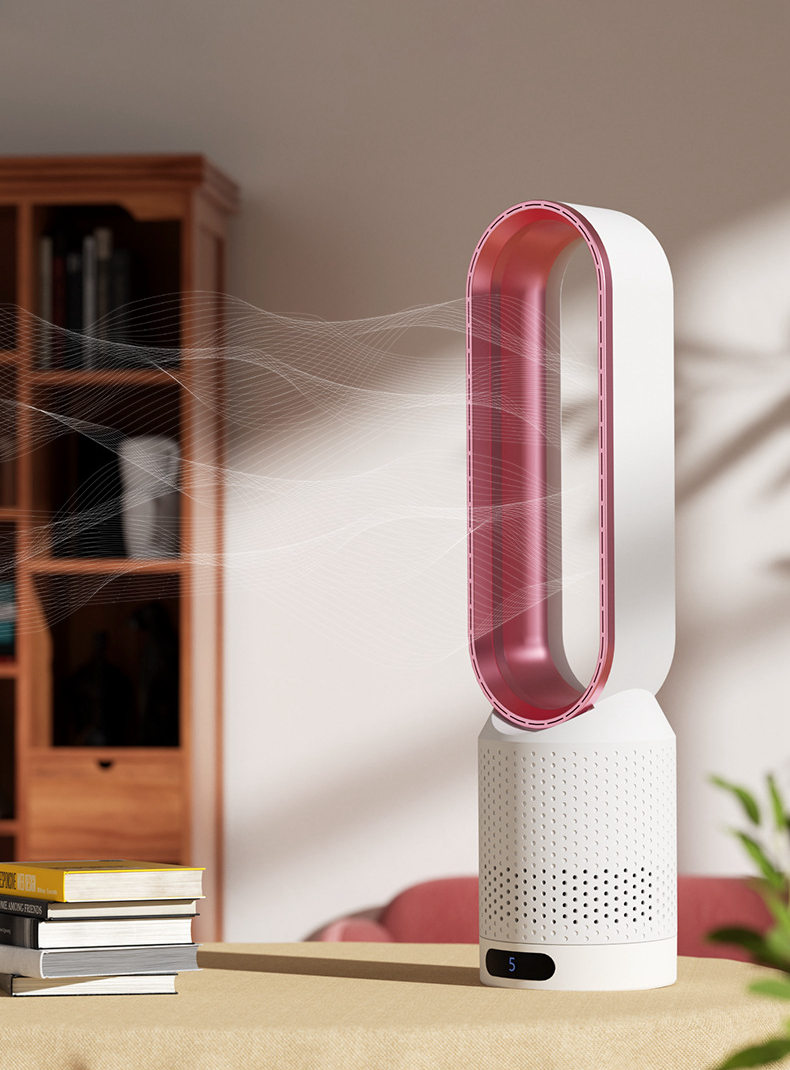 Ventilatore senza pale 3-in-1 multifunzione, design elegante, colori blu, rosa, argento, oro, dimensioni 58x14,5 cm.