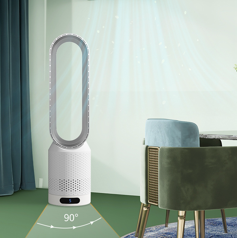 Ventilatore senza pale 3-in-1 multifunzione, design elegante, colori blu, rosa, argento, oro, dimensioni 58x14,5 cm.