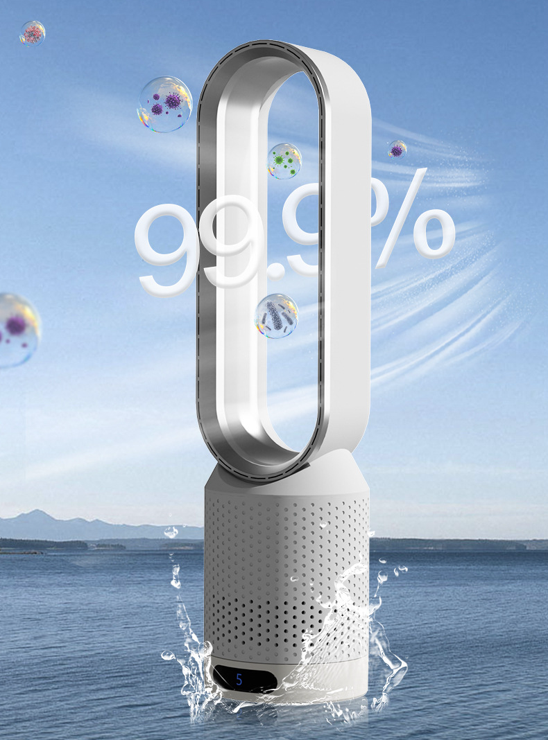 Ventilatore senza pale 3-in-1 multifunzione, design elegante, colori blu, rosa, argento, oro, dimensioni 58x14,5 cm.